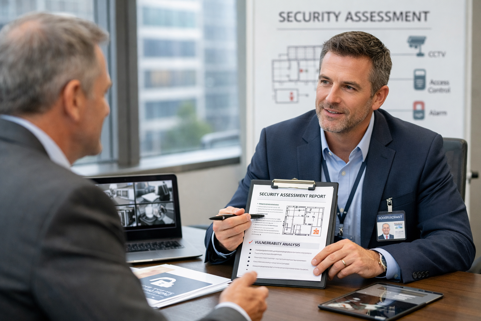 Security consultant reviewing site requirements with client