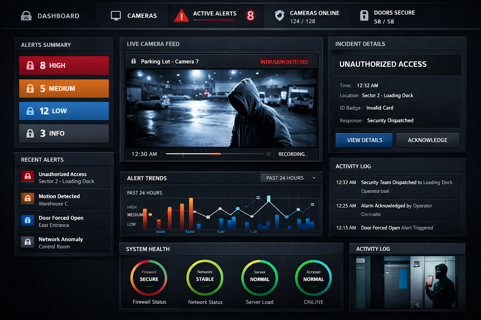 Security alert dashboard showing incident data
